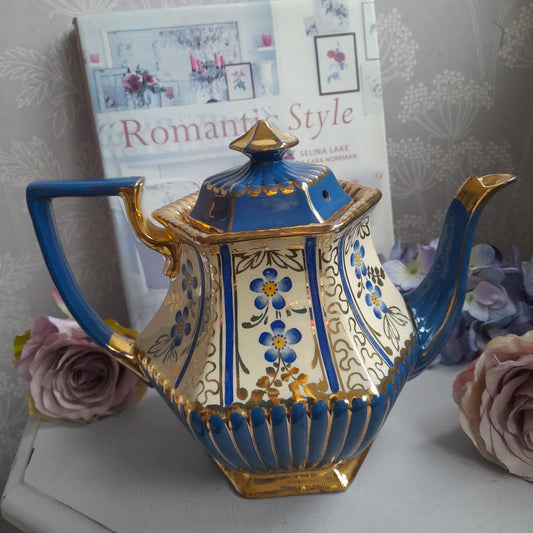 Antique Blue Hexagonal Tea Pot With Flowers