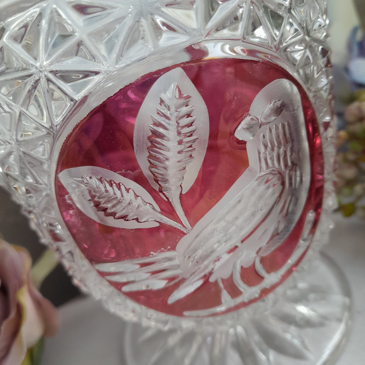 Vintage Hofbauer Red Bird Crystal Glass Vase