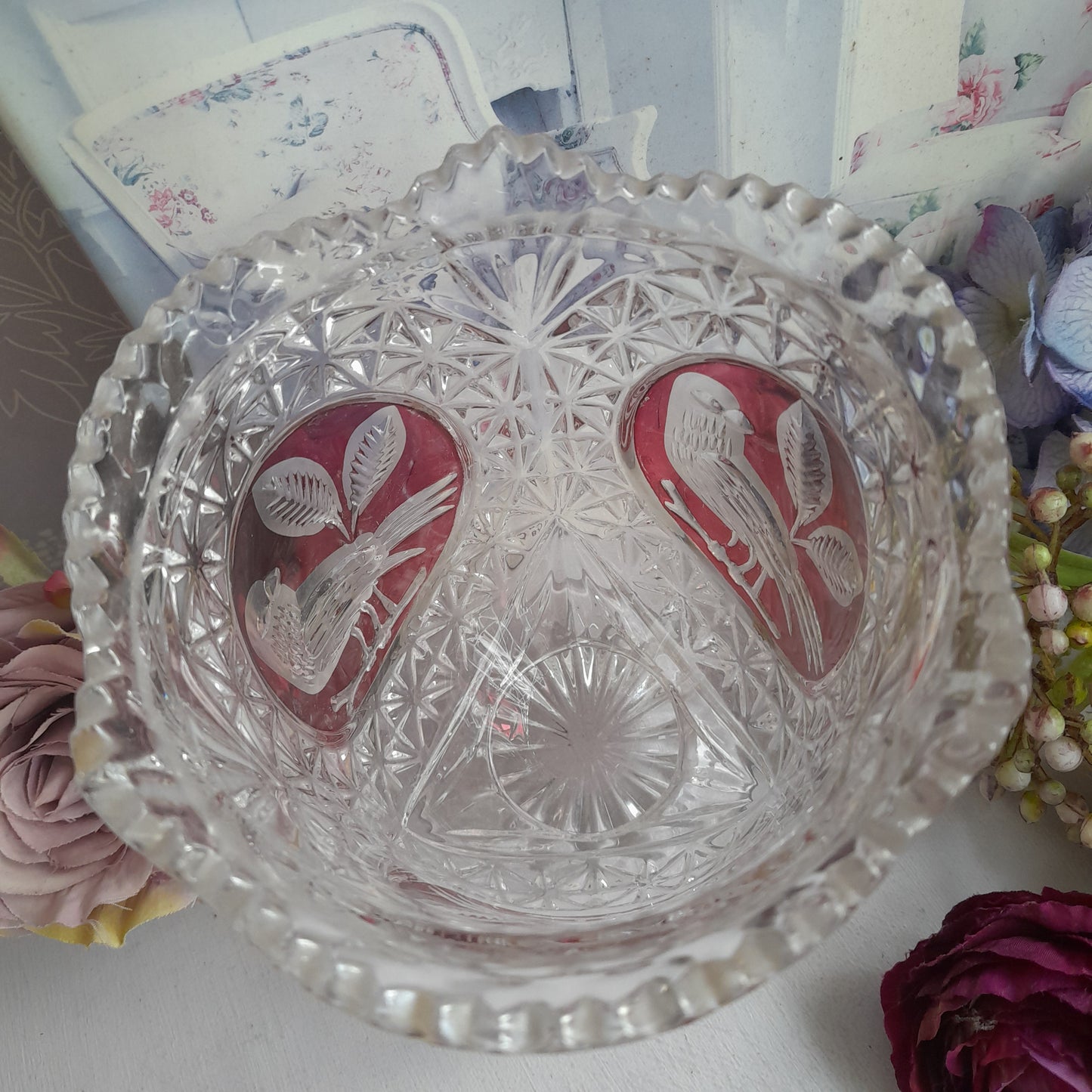 Vintage Hofbauer Red Bird Crystal Glass Vase