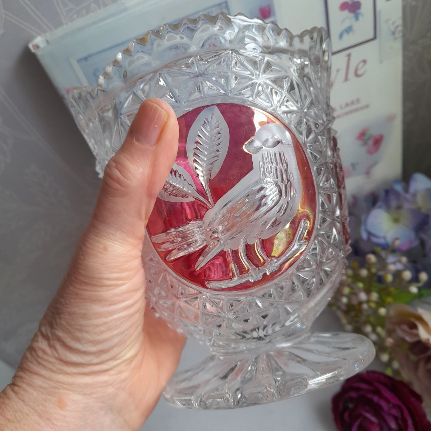 Vintage Hofbauer Red Bird Crystal Glass Vase