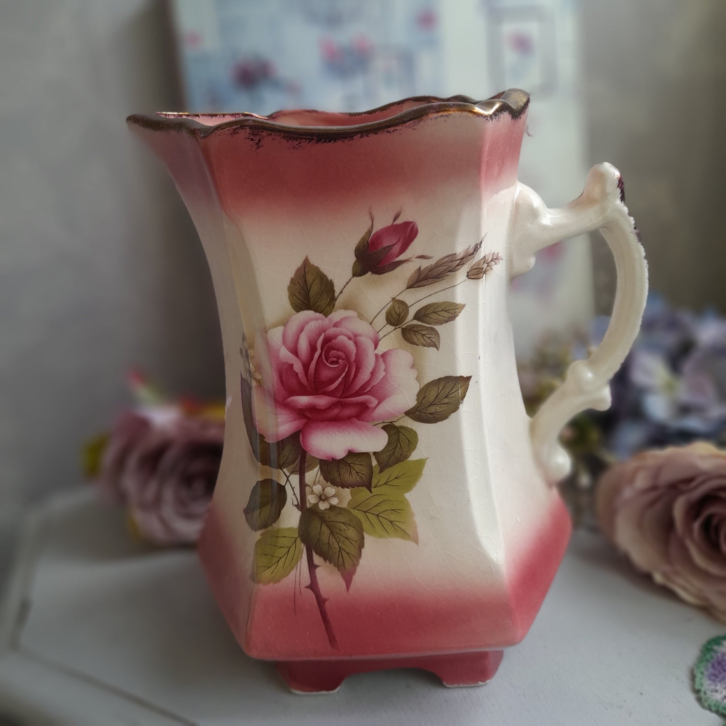 Antique Victorian Jug With Pink Roses