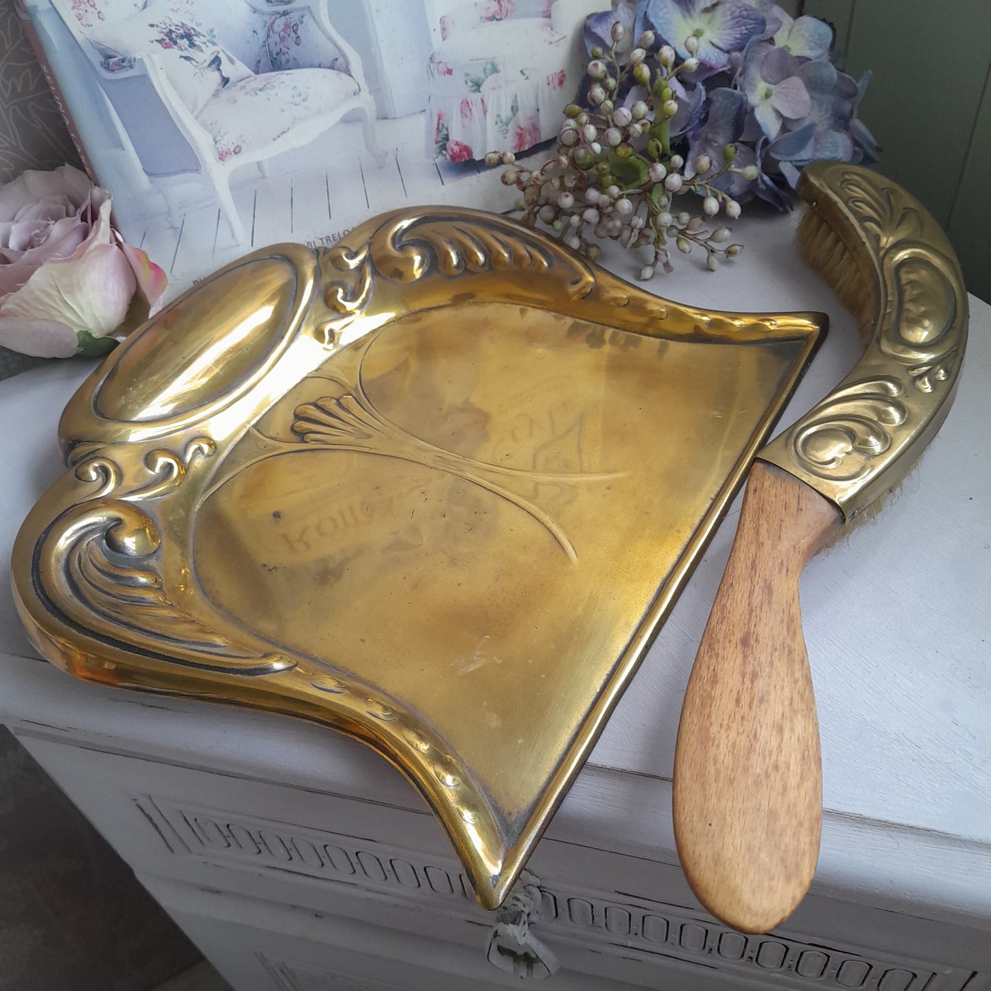 Antique Art Nouveau Brass Crumb Tray & Brush