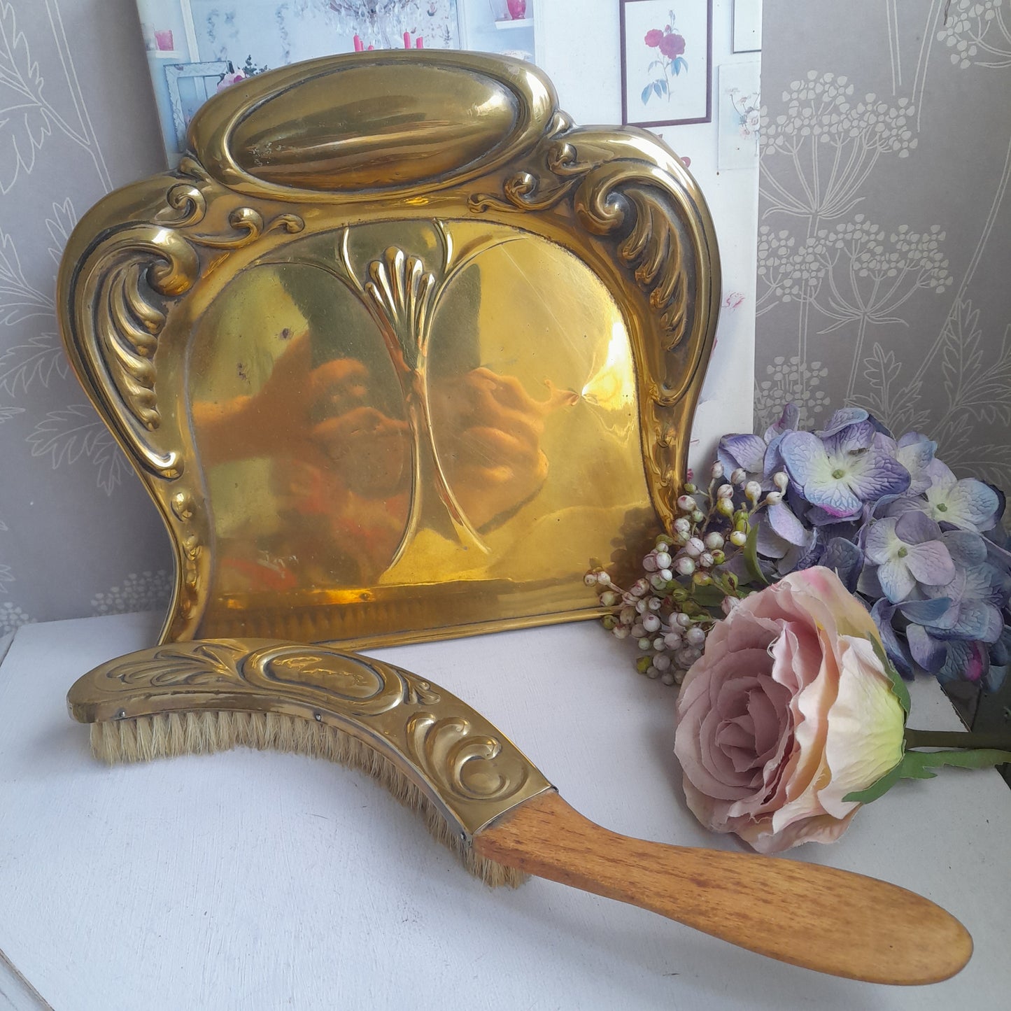 Antique Art Nouveau Brass Crumb Tray & Brush