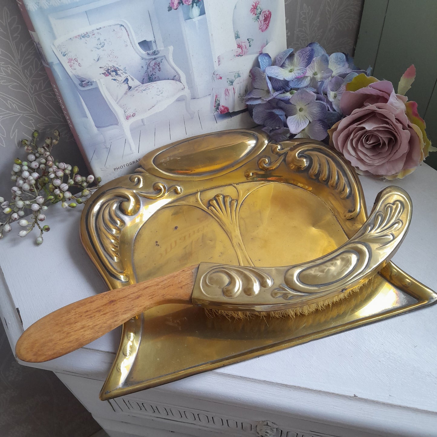 Antique Art Nouveau Brass Crumb Tray & Brush