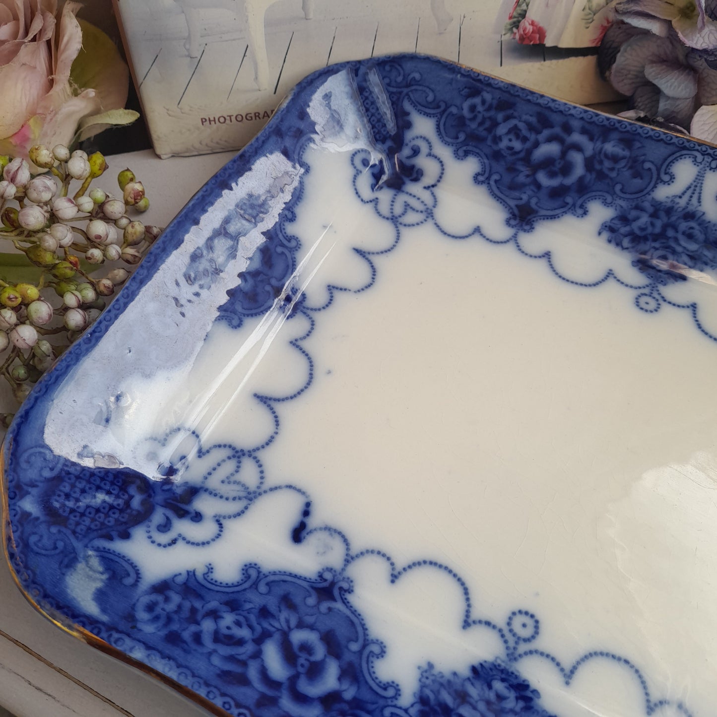 Large Antique Blue & White Rectangular Serving Plate by Lonsda