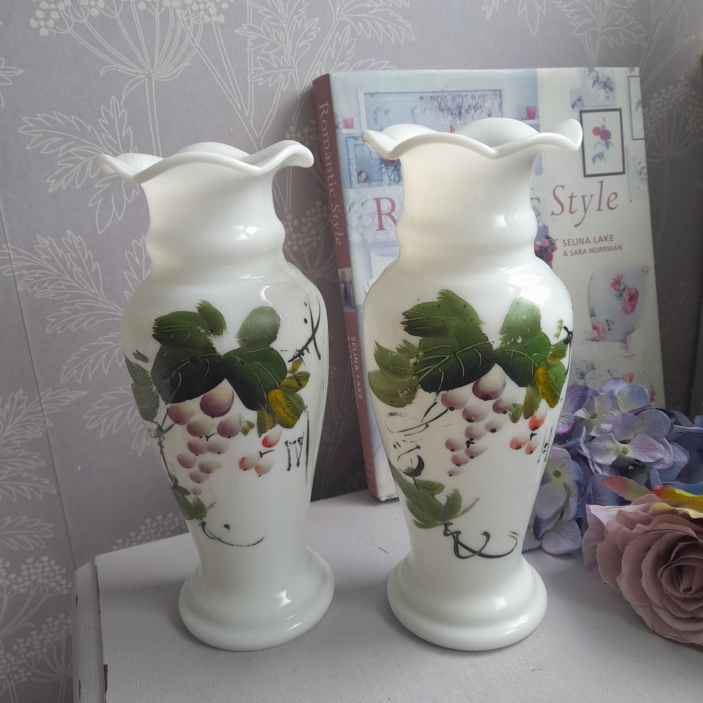 Darling PAIR Victorian White Milk Glass Handpainted Bud Vases