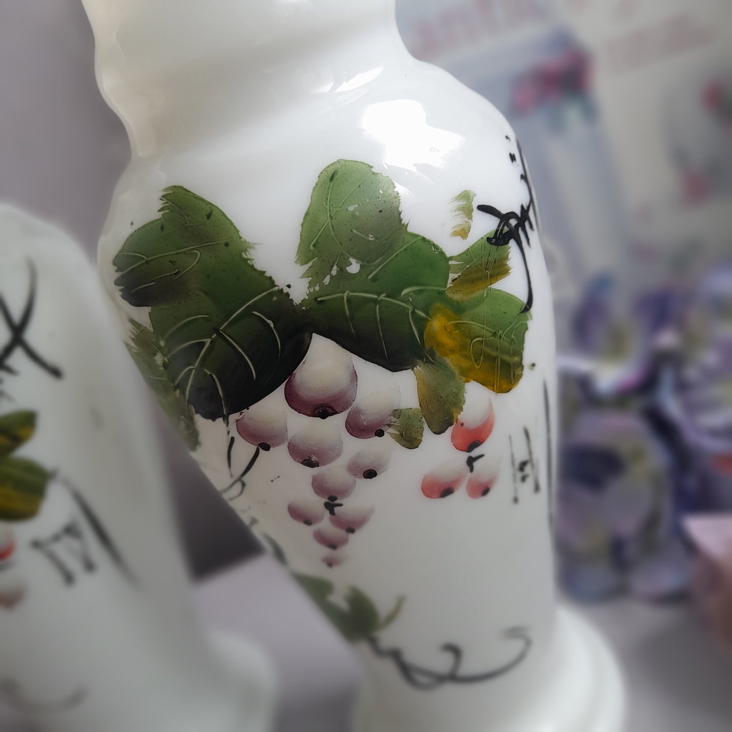 Darling PAIR Victorian White Milk Glass Handpainted Bud Vases