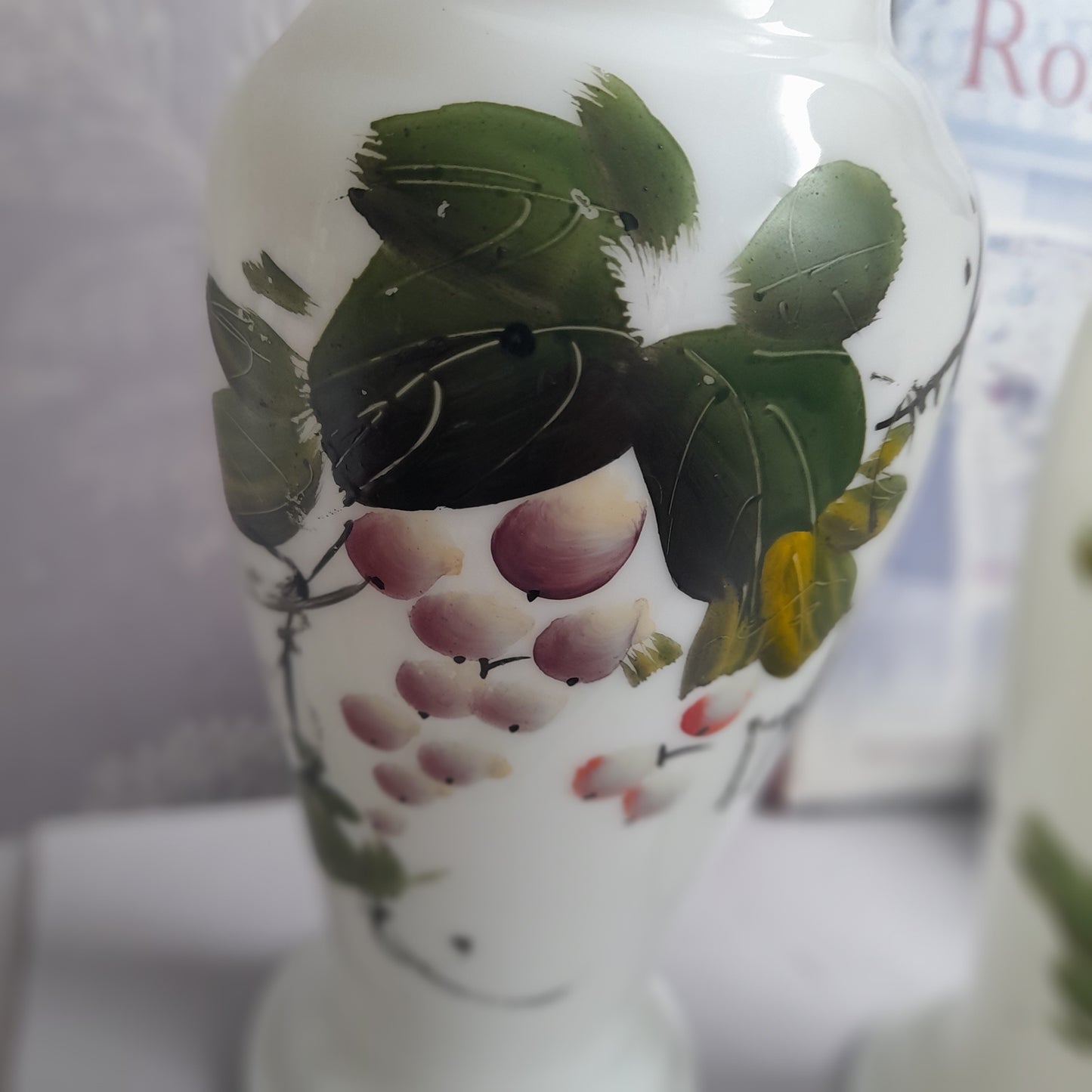 Darling PAIR Victorian White Milk Glass Handpainted Bud Vases