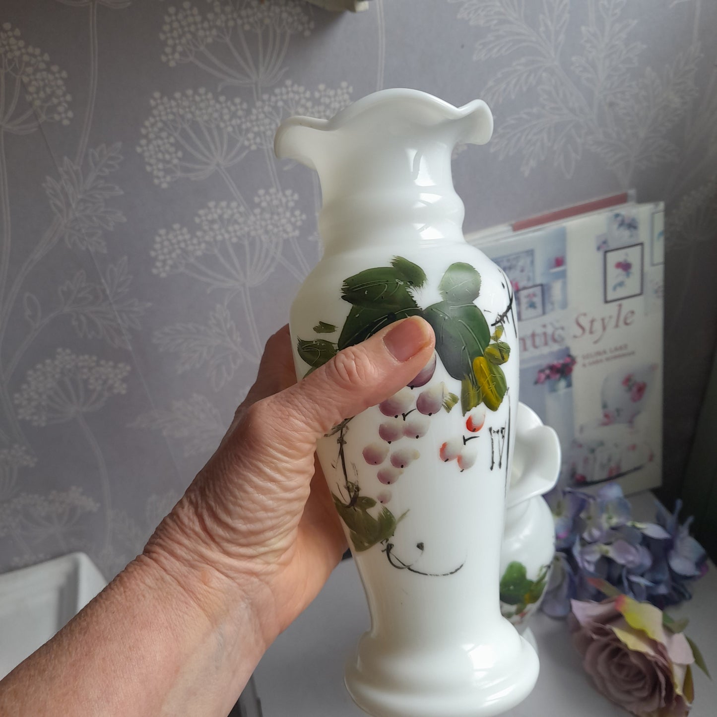 Darling PAIR Victorian White Milk Glass Handpainted Bud Vases