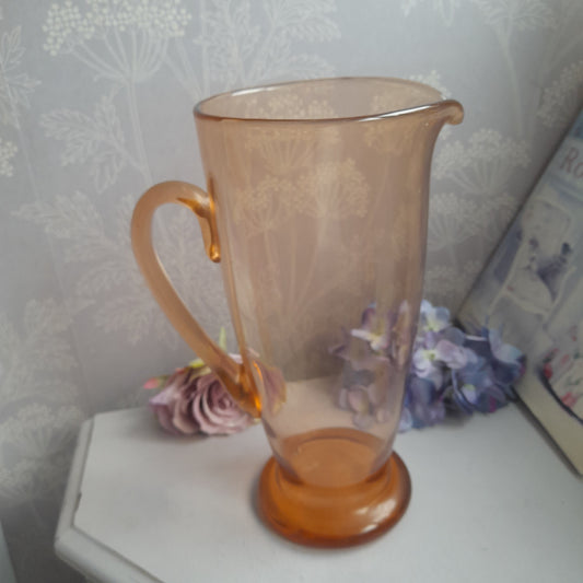 Vintage tall pink glass handmade glass jug