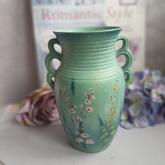 Pretty Teal Art Deco Monark Pottery Vase Unusual Triple Handle