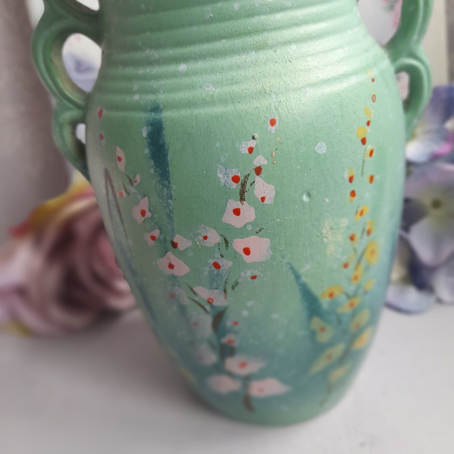 Pretty Teal Art Deco Monark Pottery Vase Unusual Triple Handle