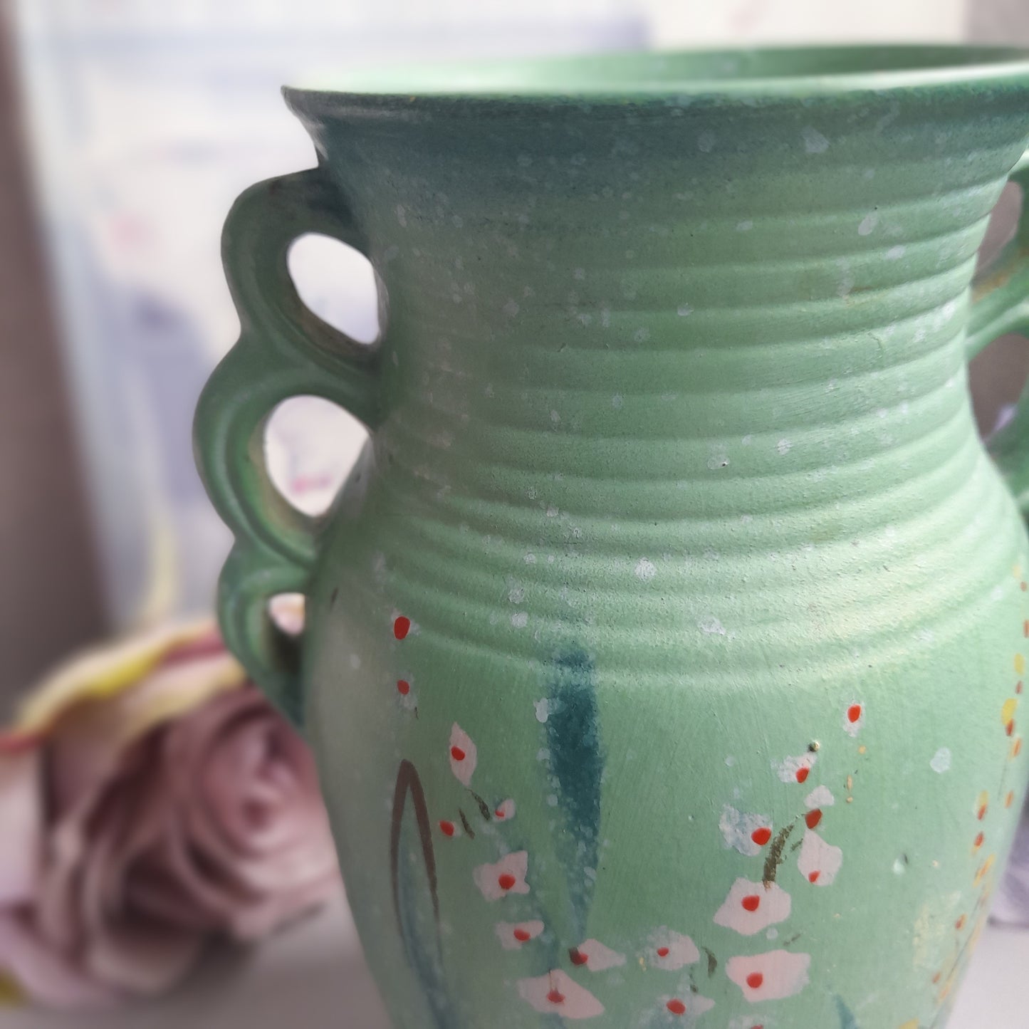 Pretty Teal Art Deco Monark Pottery Vase Unusual Triple Handle