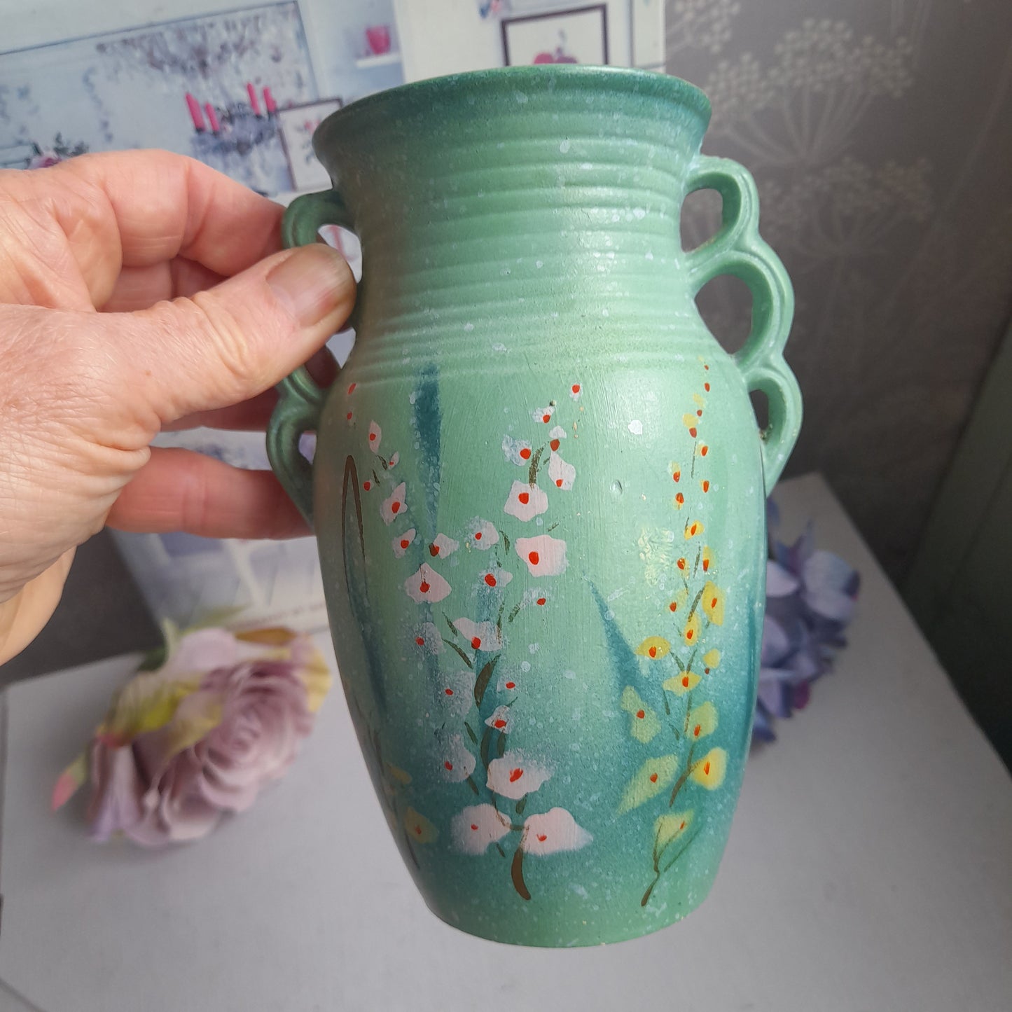 Pretty Teal Art Deco Monark Pottery Vase Unusual Triple Handle