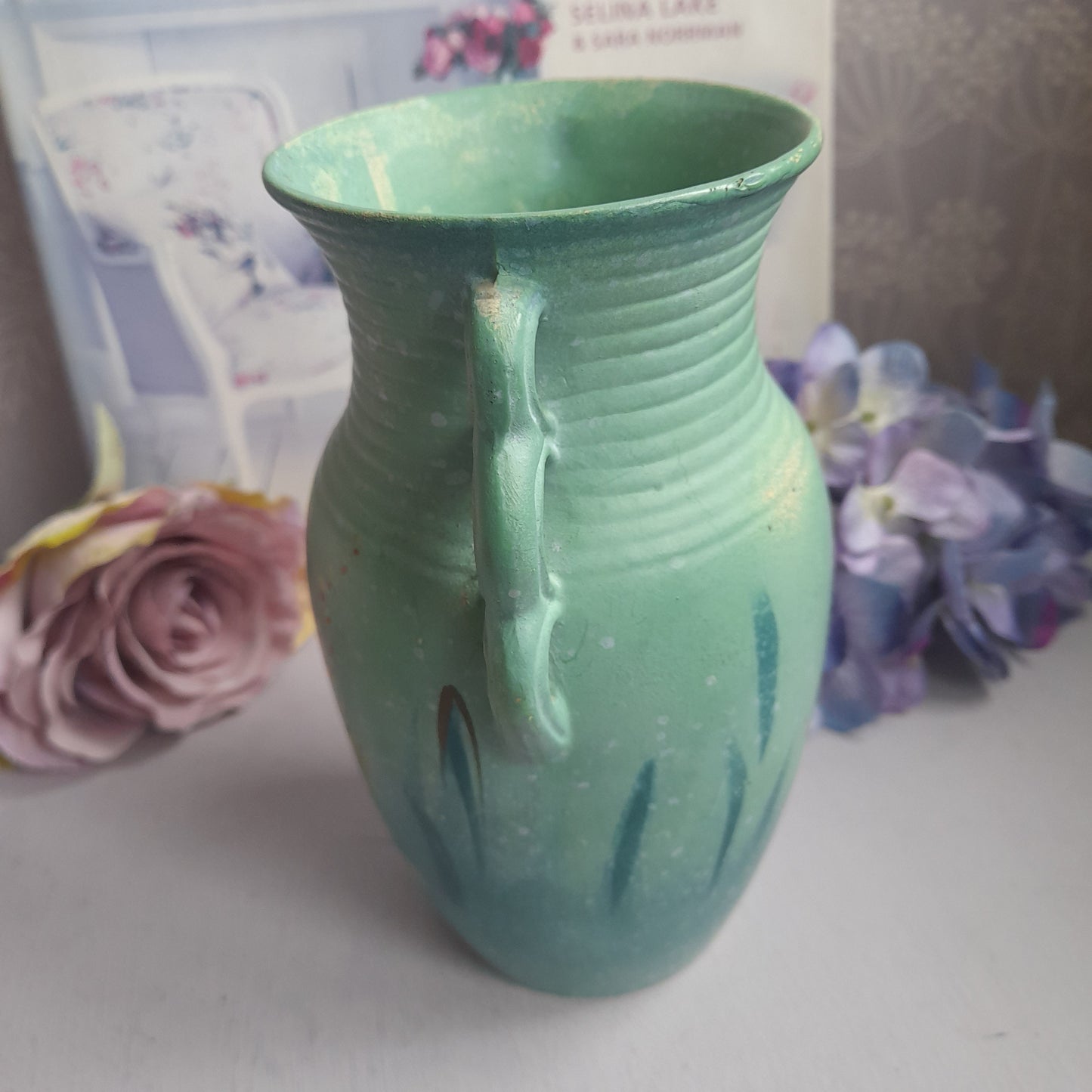 Pretty Teal Art Deco Monark Pottery Vase Unusual Triple Handle