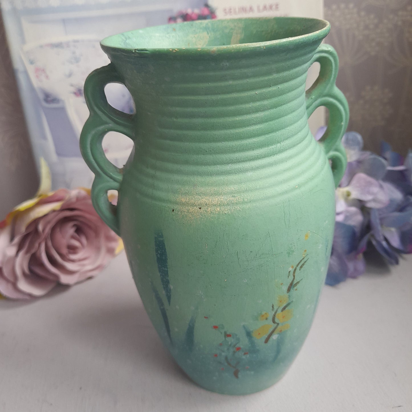 Pretty Teal Art Deco Monark Pottery Vase Unusual Triple Handle