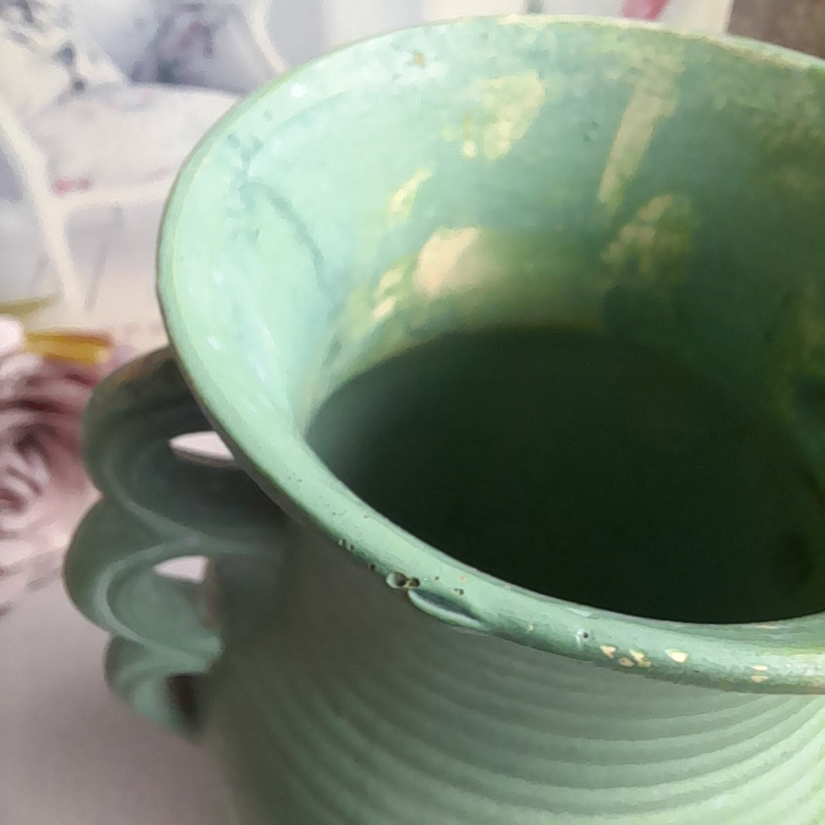 Pretty Teal Art Deco Monark Pottery Vase Unusual Triple Handle