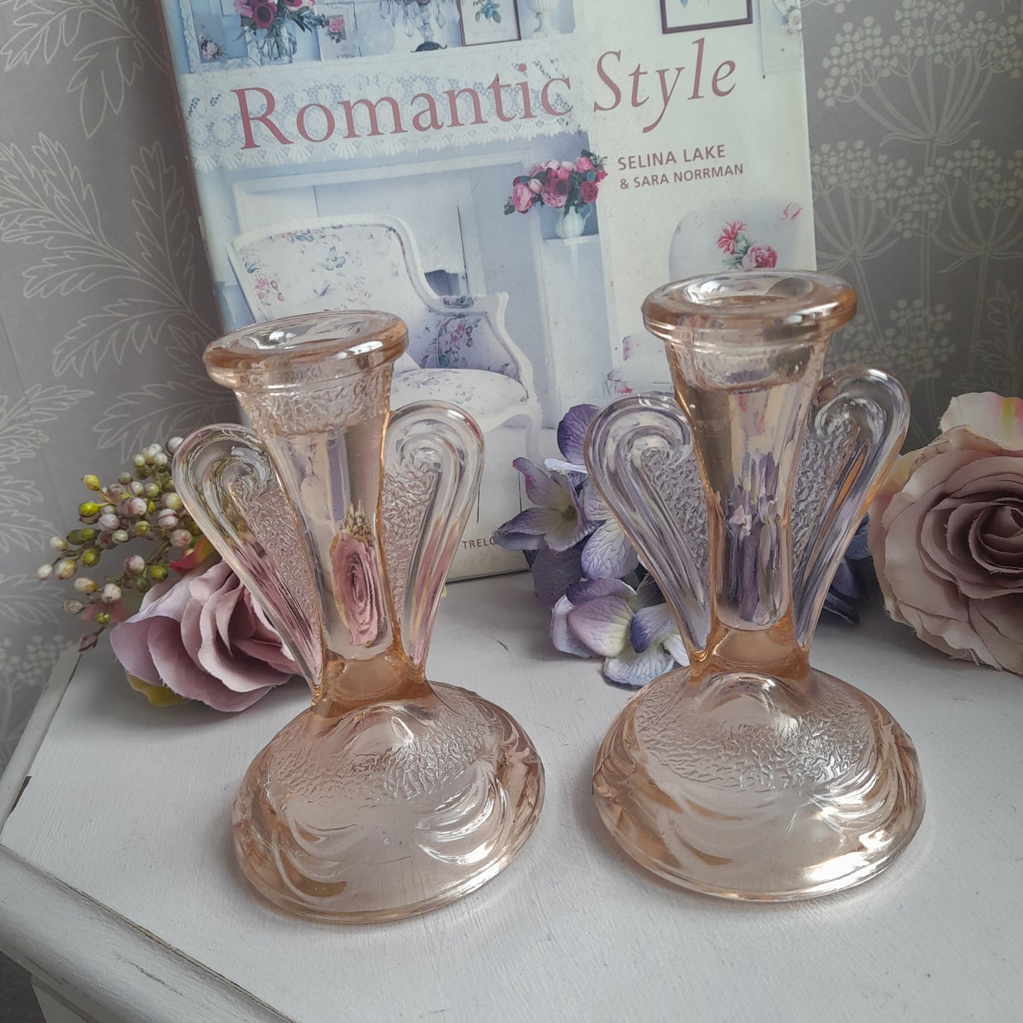 Pretty Pair of Art Deco Peachy Pink Glass Candlesticks, Shaped Pressed Glass Candle Holders 1930's