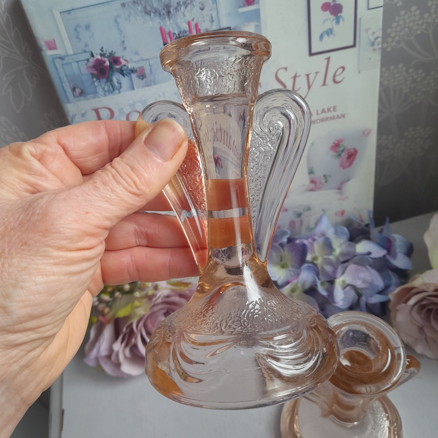 Pretty Pair of Art Deco Peachy Pink Glass Candlesticks, Shaped Pressed Glass Candle Holders 1930's