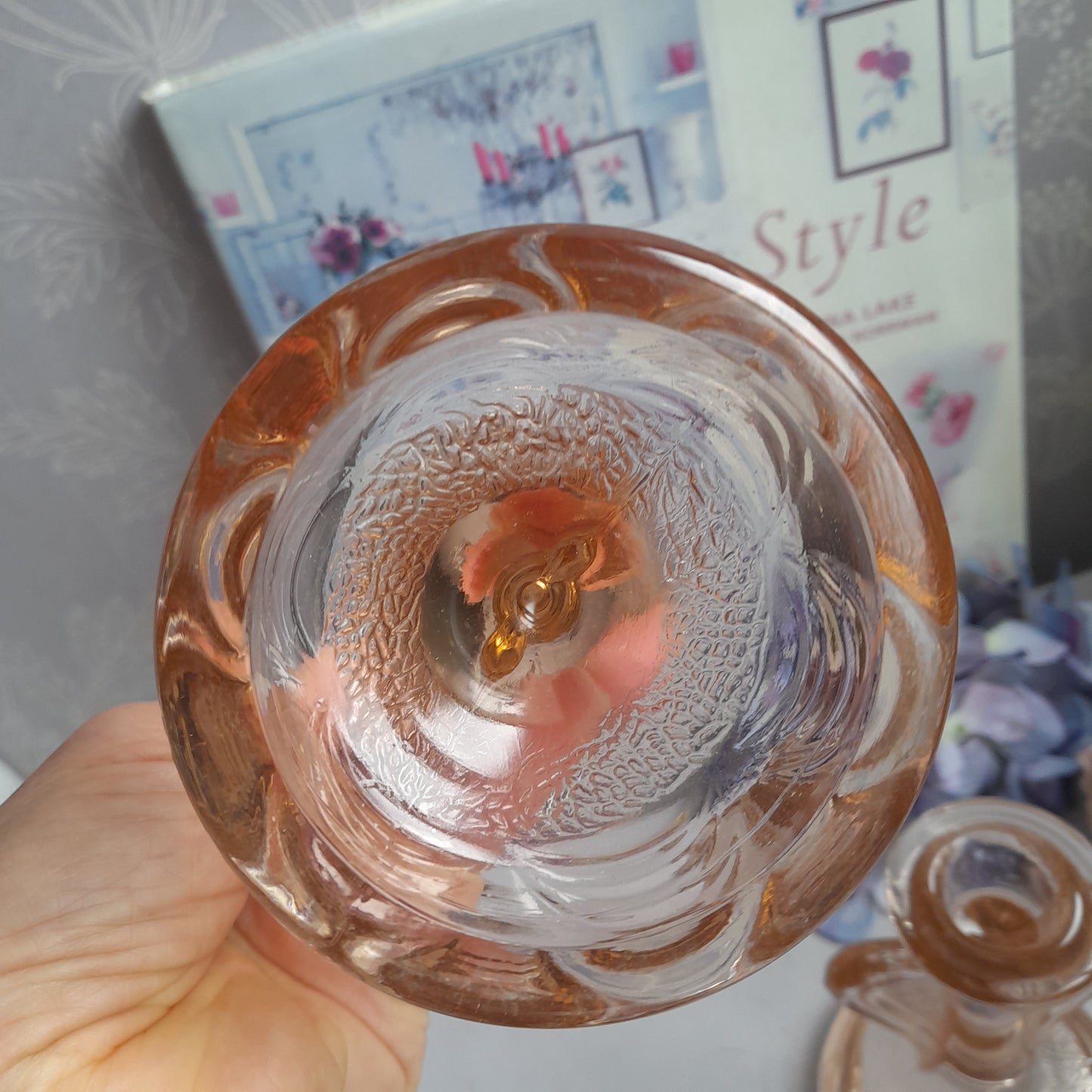 Pretty Pair of Art Deco Peachy Pink Glass Candlesticks, Shaped Pressed Glass Candle Holders 1930's