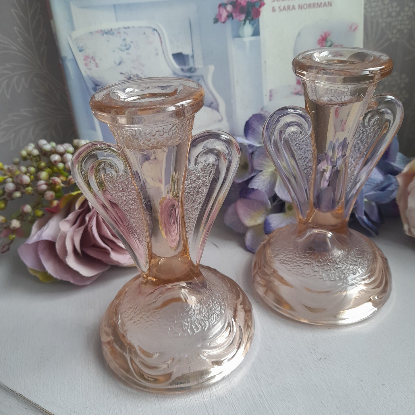 Pretty Pair of Art Deco Peachy Pink Glass Candlesticks, Shaped Pressed Glass Candle Holders 1930's