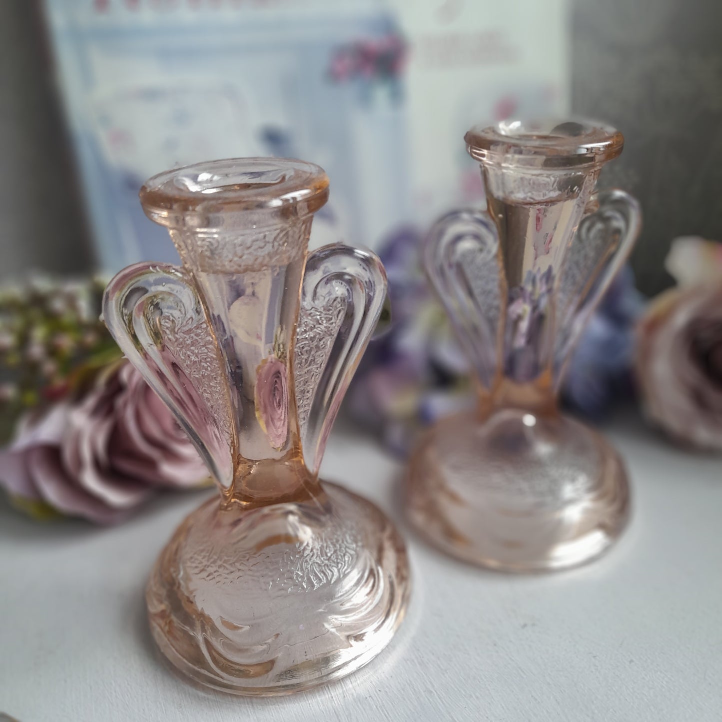 Pretty Pair of Art Deco Peachy Pink Glass Candlesticks