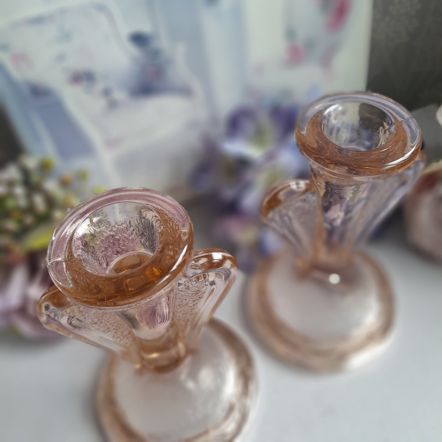 Pretty Pair of Art Deco Peachy Pink Glass Candlesticks, Shaped Pressed Glass Candle Holders 1930's