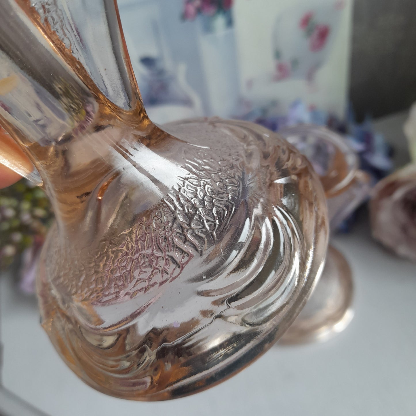 Pretty Pair of Art Deco Peachy Pink Glass Candlesticks, Shaped Pressed Glass Candle Holders 1930's