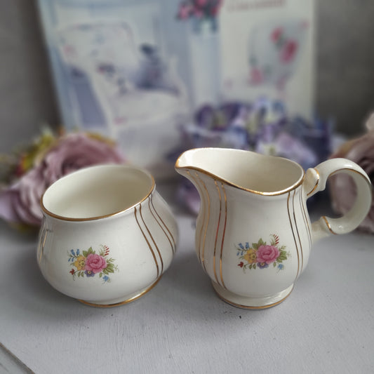 Darling Milk Jug & Sugar Bowl Set by Sadler With Pretty Flowers Gold Detail