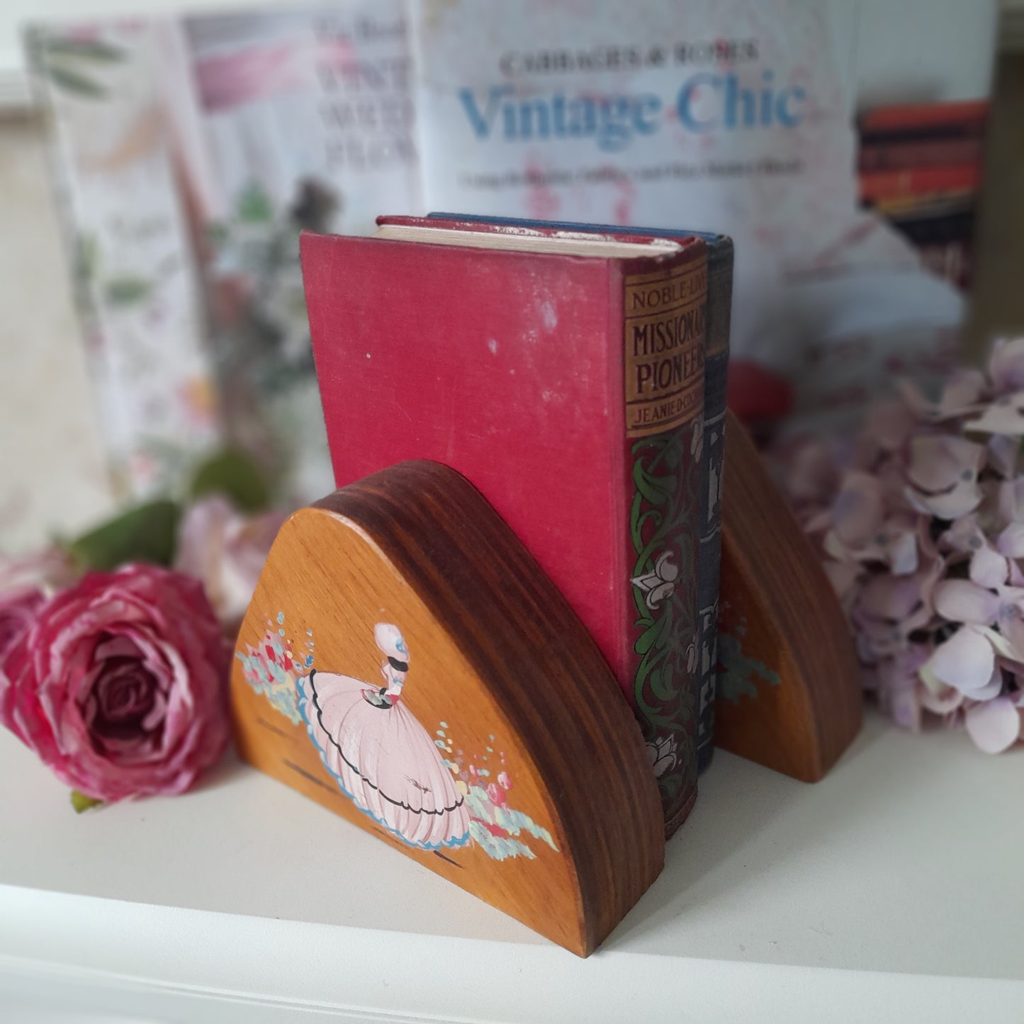 Pair Art Deco Crinoline Lady Wooden Bookends