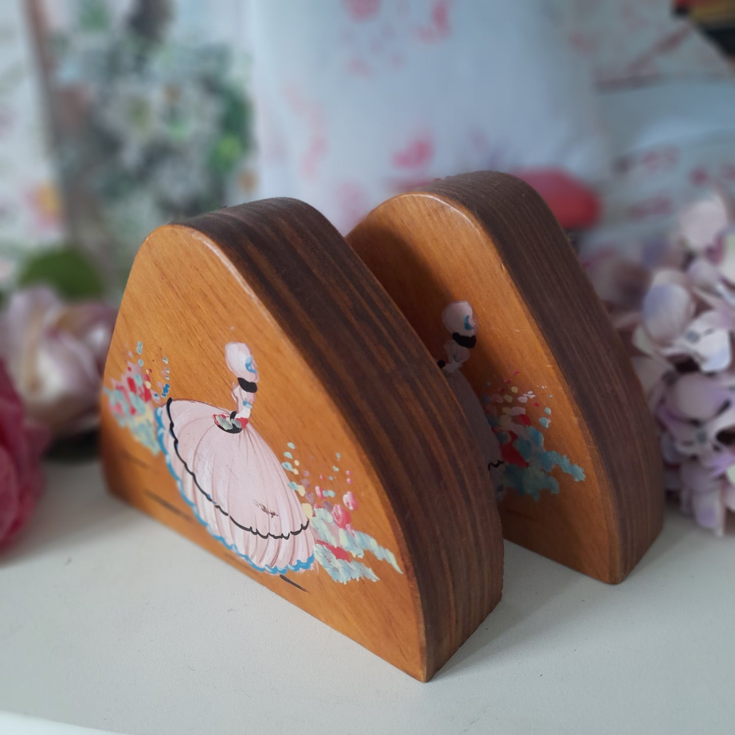 A Pair Art Deco Crinoline Lady Wooden Bookends