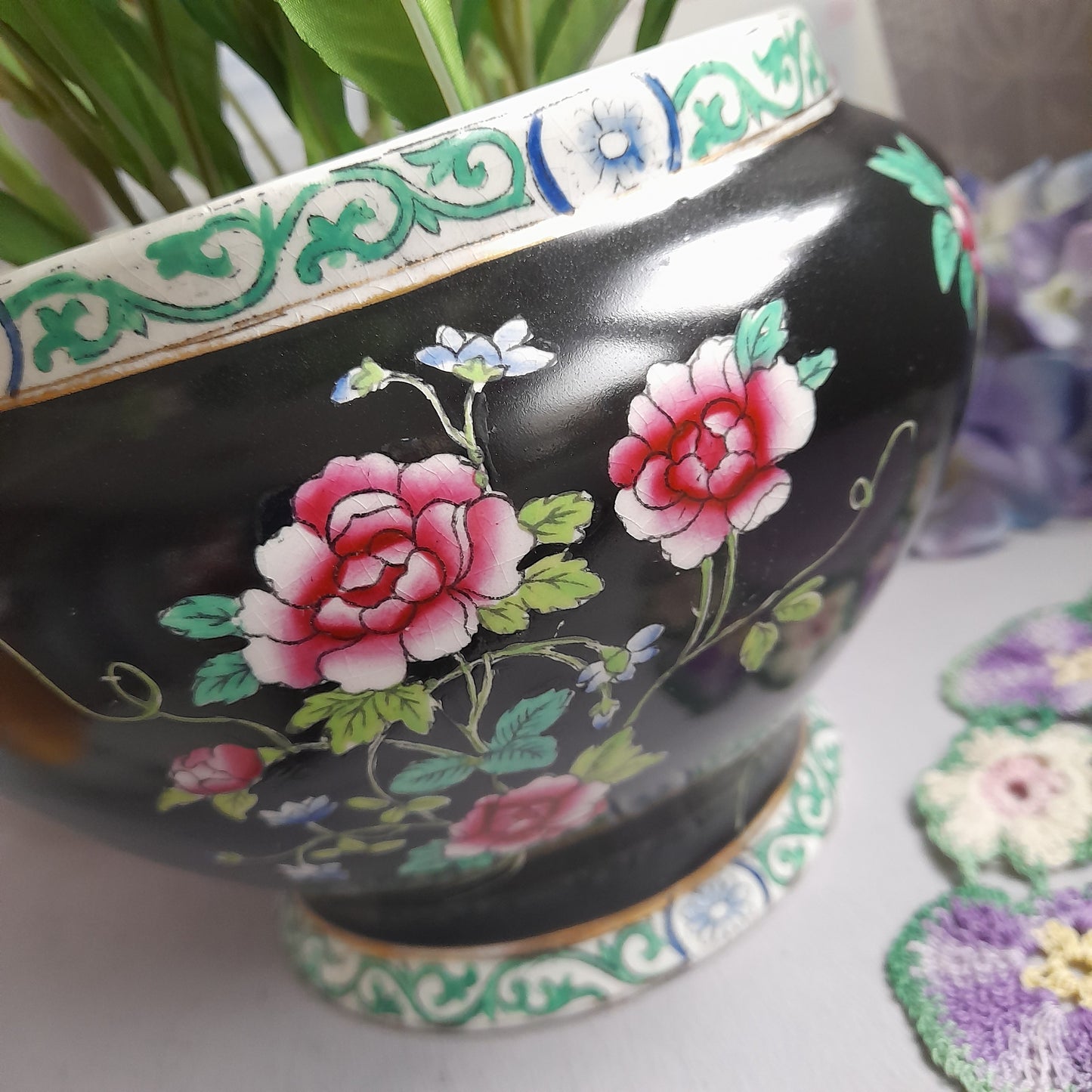 Antique Black Victorian Maling Planter With Pink Roses & Gold Detail