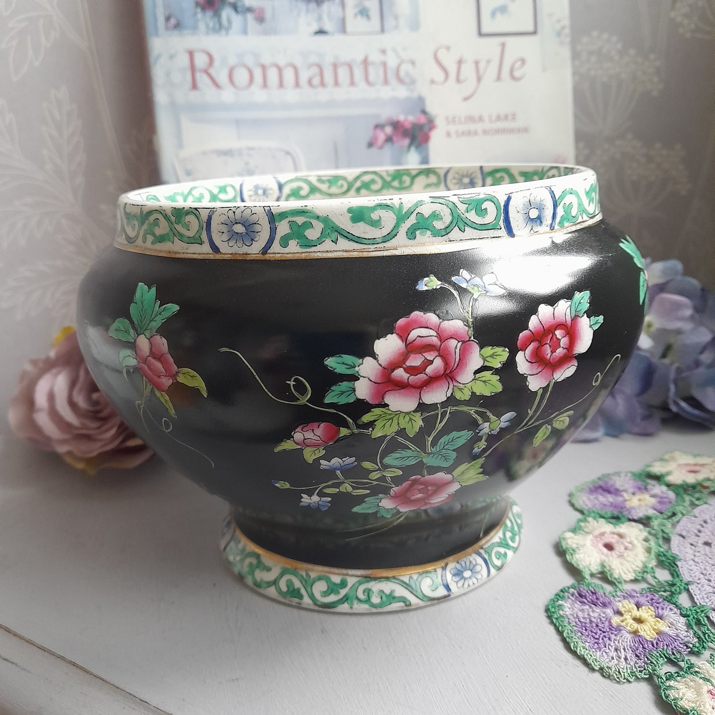 Antique Black Victorian Maling Planter With Pink Roses & Gold Detail