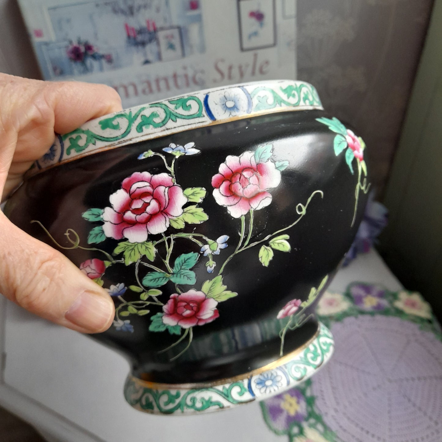 Antique Black Victorian Maling Planter With Pink Roses & Gold Detail