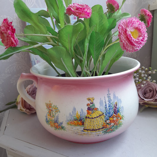 Victorian Crinoline Lady Chamber Pot With Faded Pink Perfect Planter