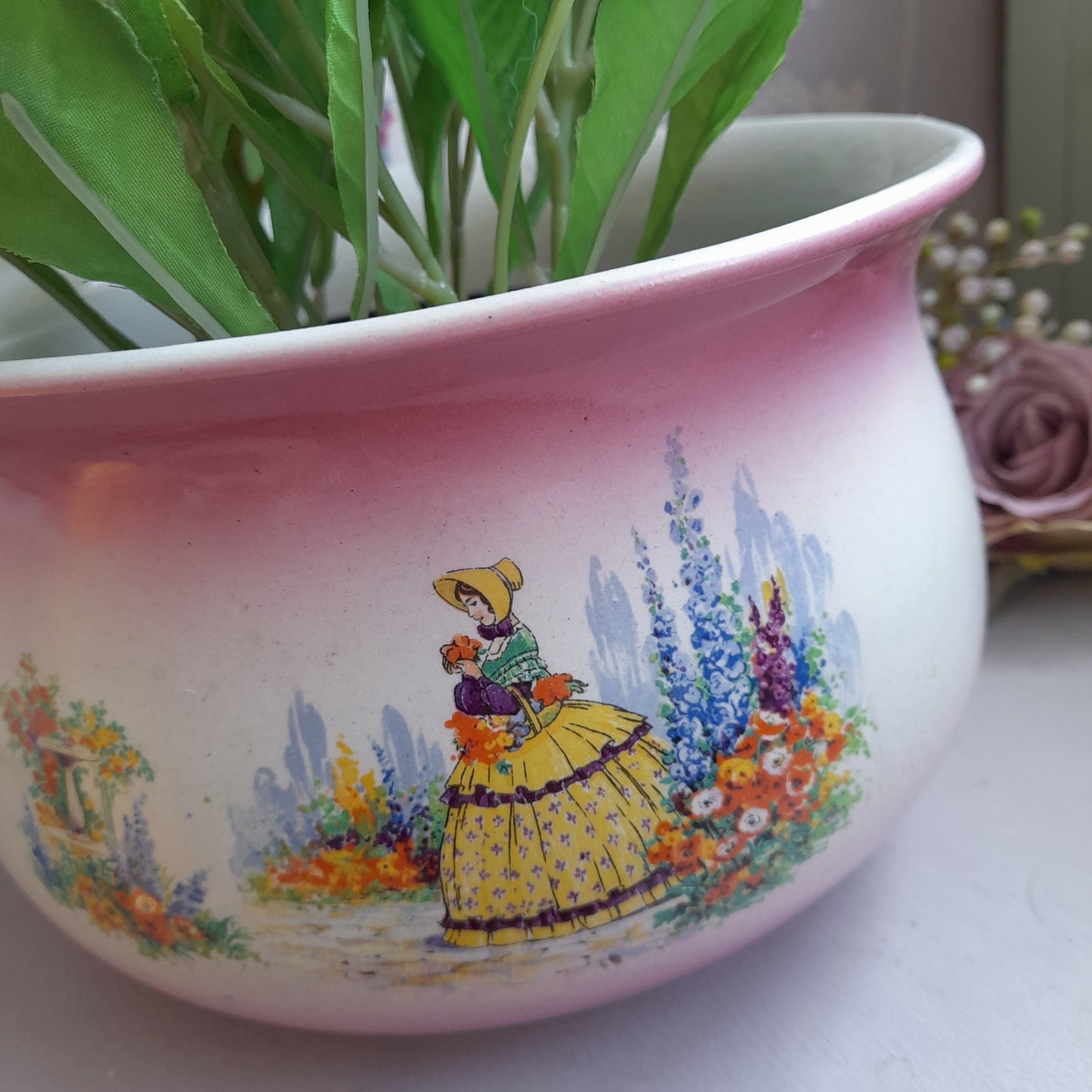 Victorian Crinoline Lady Chamber Pot With Faded Pink Perfect Planter