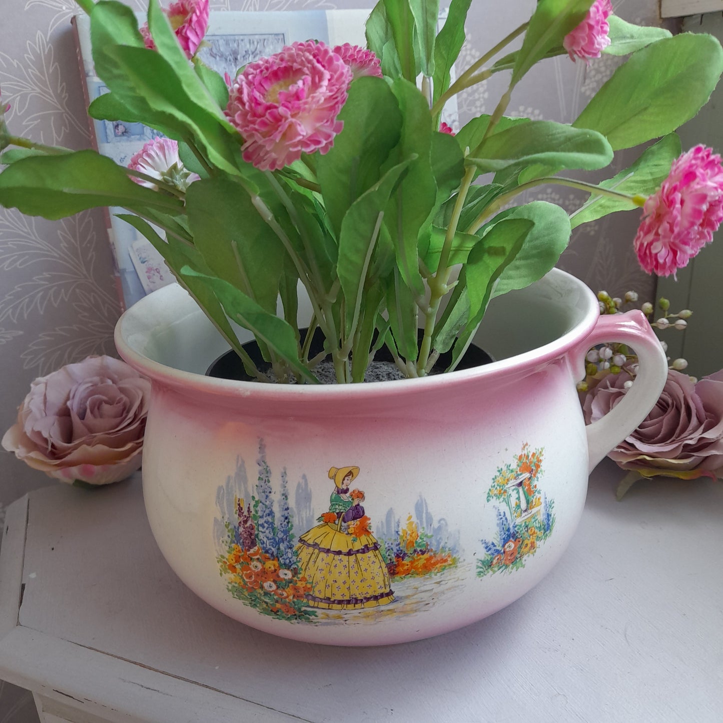 Victorian Crinoline Lady Chamber Pot With Faded Pink Perfect Planter