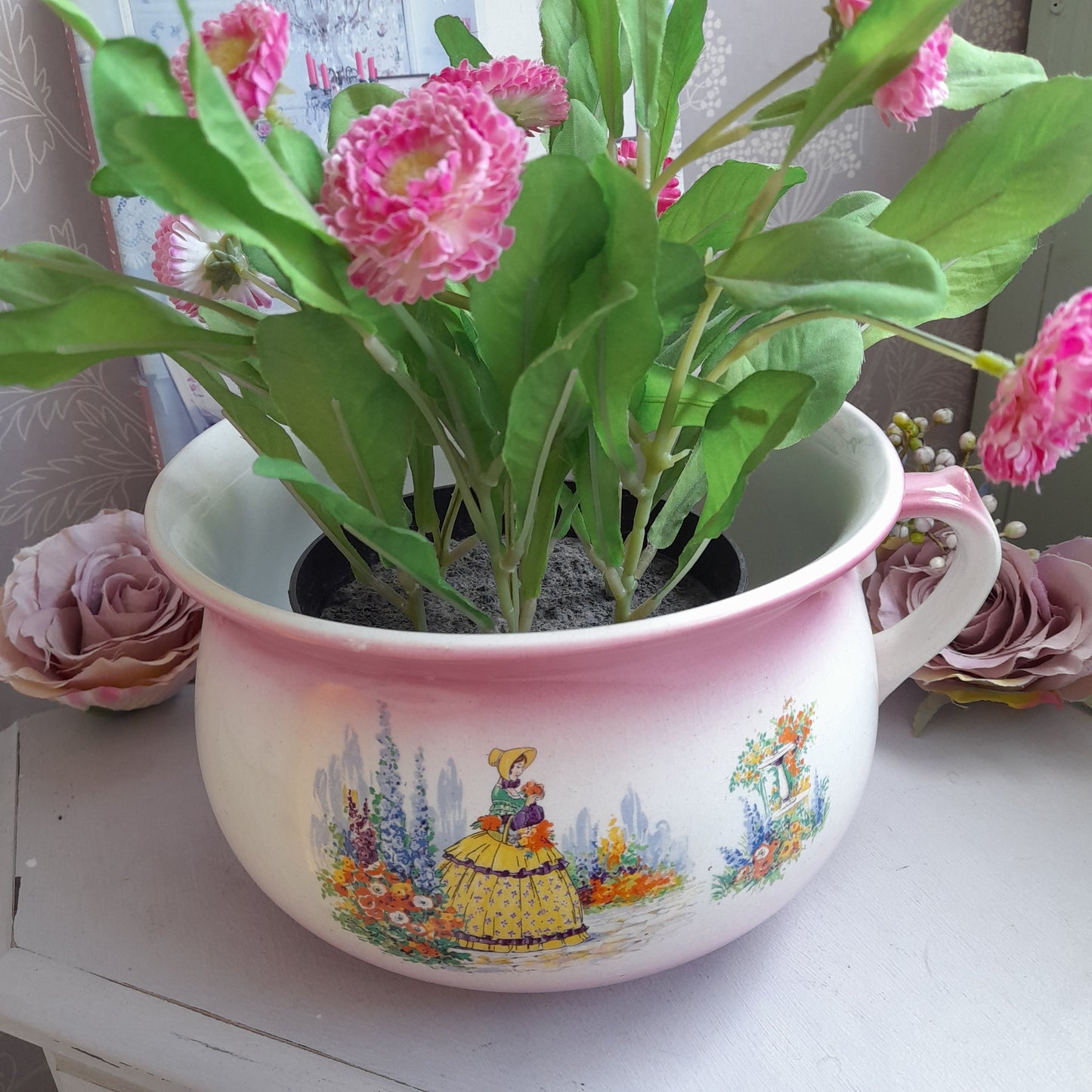Victorian Crinoline Lady Chamber Pot With Faded Pink Perfect Planter