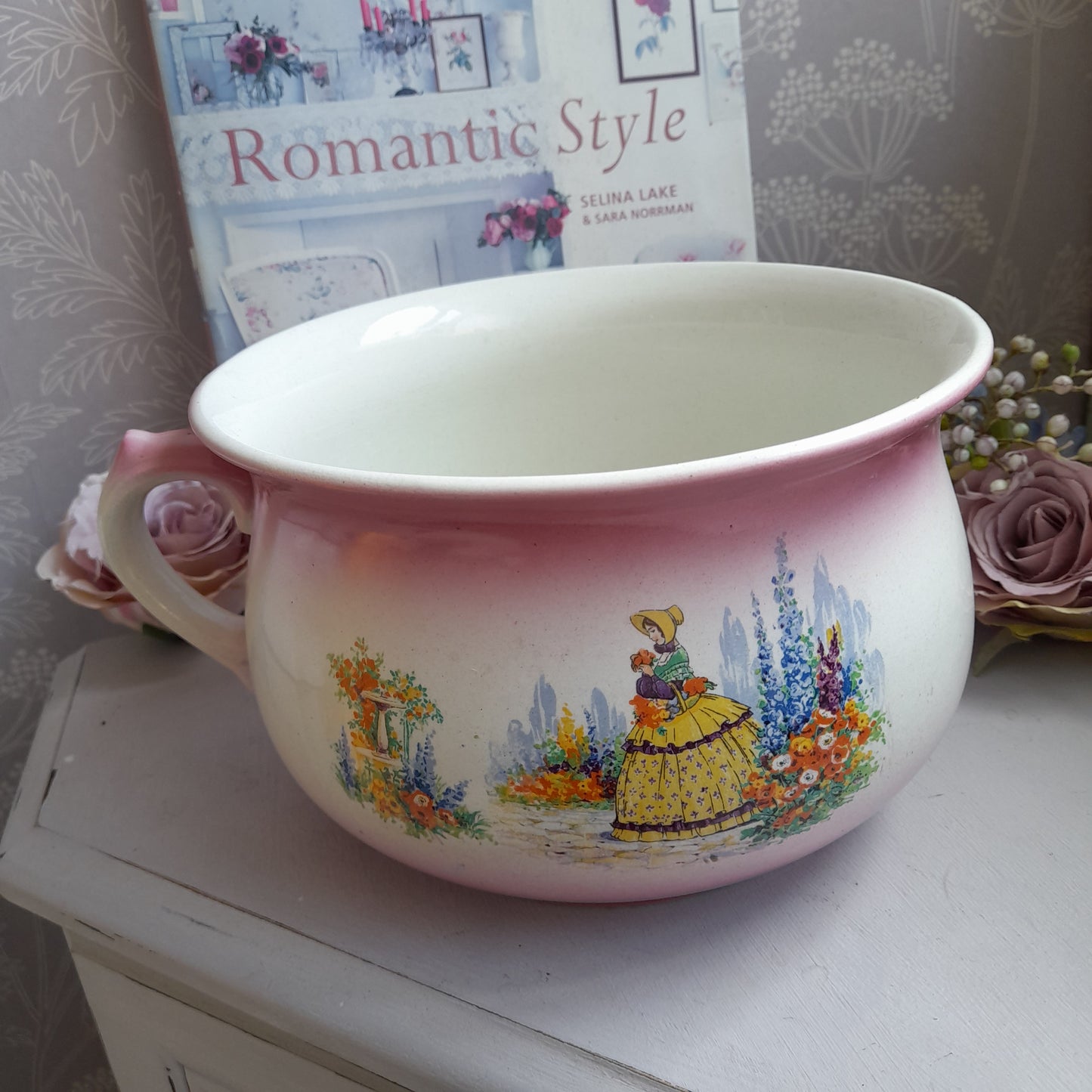 Victorian Crinoline Lady Chamber Pot With Faded Pink Perfect Planter