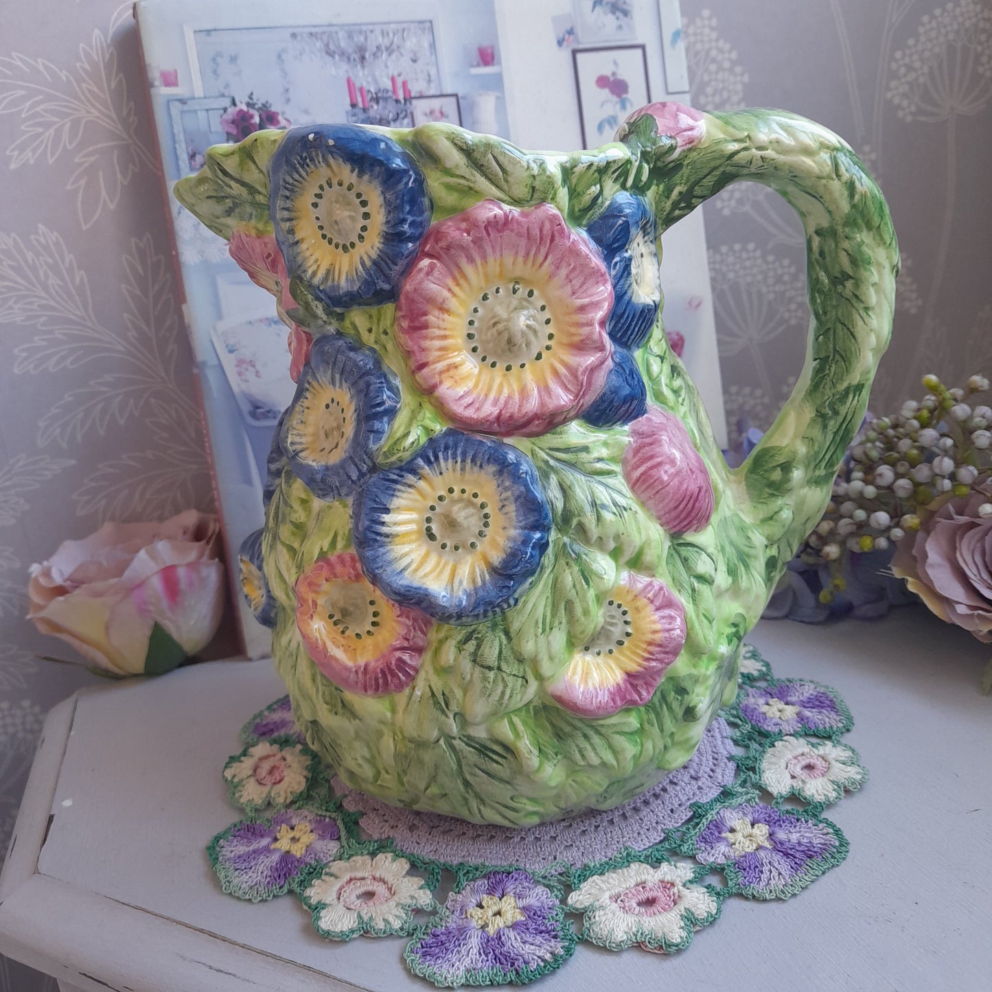Majolica Handpainted Jug With Raised Relief Flowers in Pinks Blues & Greens 8 inches