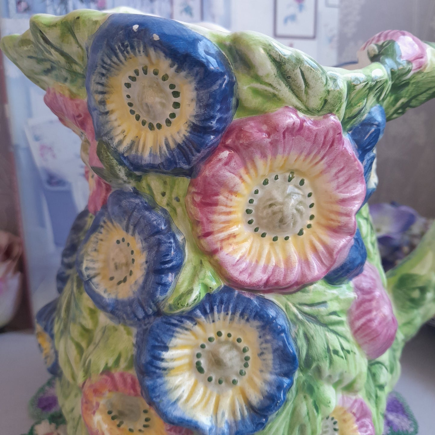 Majolica Handpainted Jug With Raised Relief Flowers in Pinks Blues & Greens 8 inches