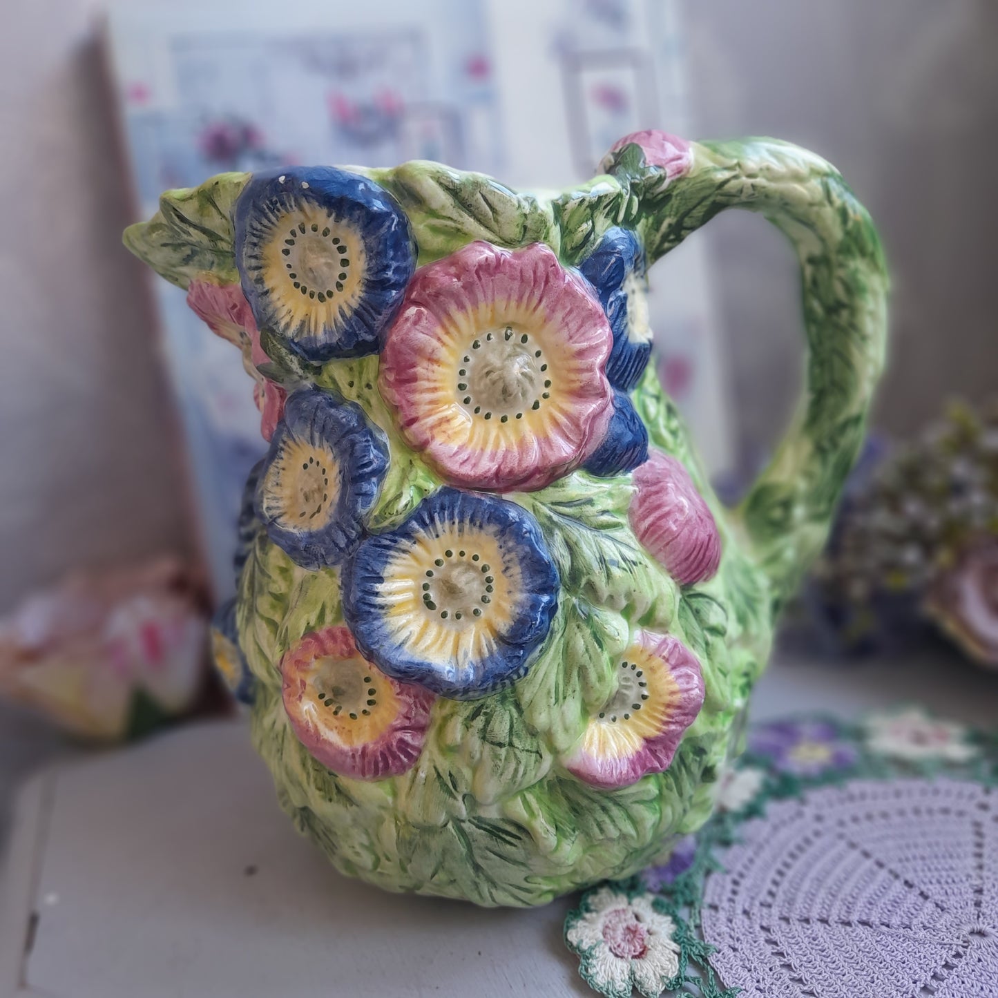 Majolica Handpainted Jug With Raised Relief Flowers in Pinks Blues & Greens 8 inches