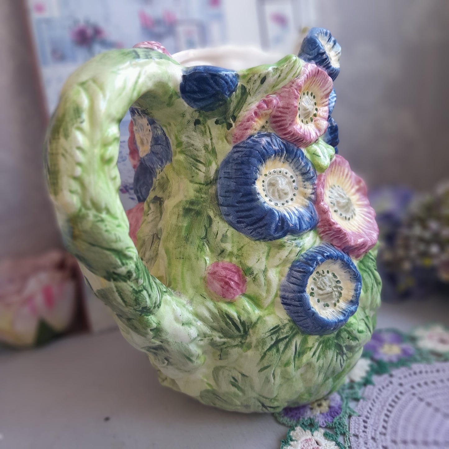 Majolica Handpainted Jug With Raised Relief Flowers in Pinks Blues & Greens 8 inches