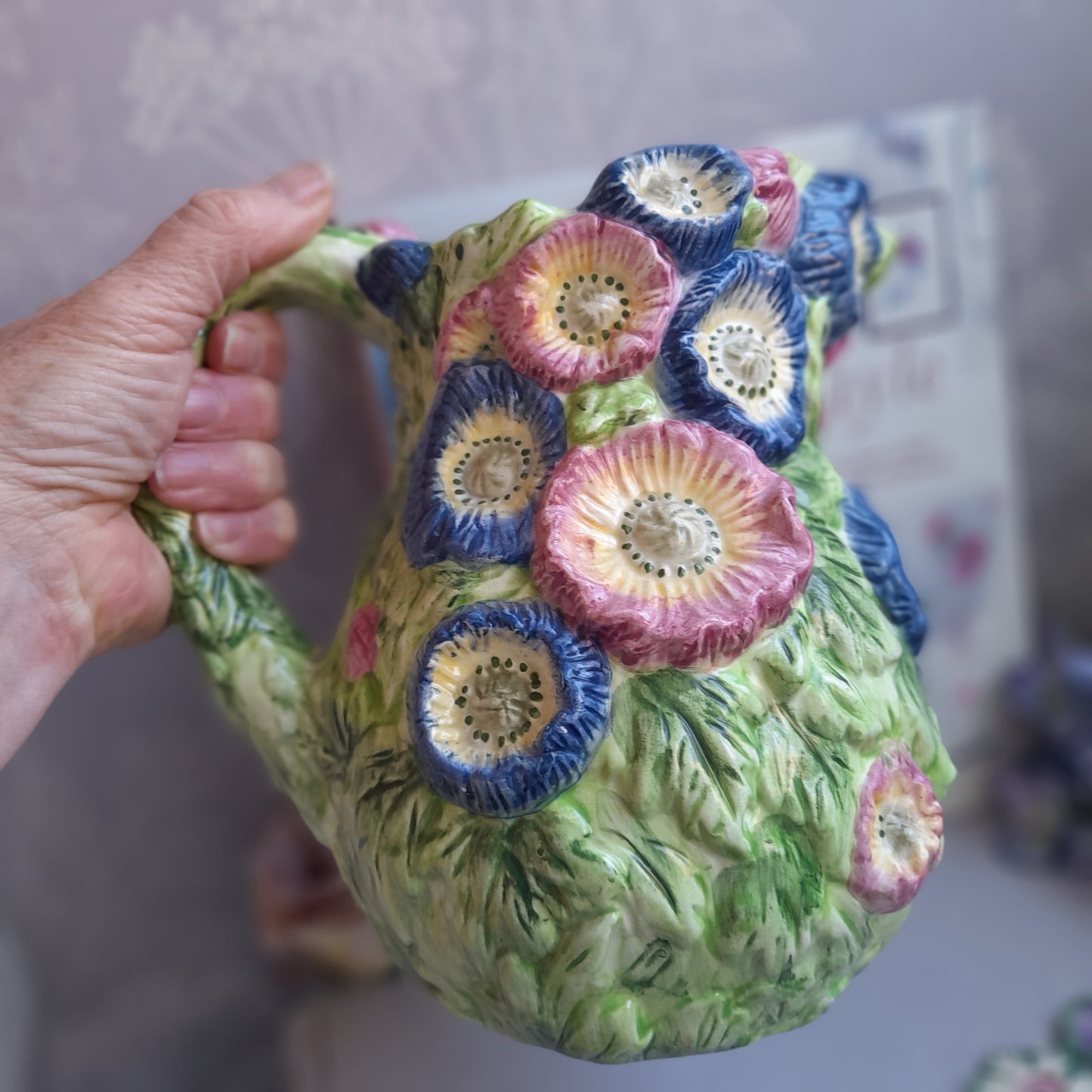 Majolica Handpainted Jug With Raised Relief Flowers in Pinks Blues & Greens 8 inches