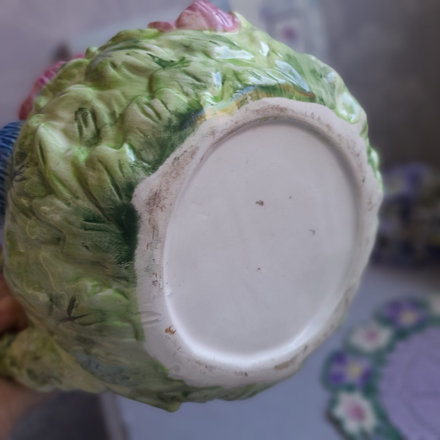 Majolica Handpainted Jug With Raised Relief Flowers in Pinks Blues & Greens 8 inches
