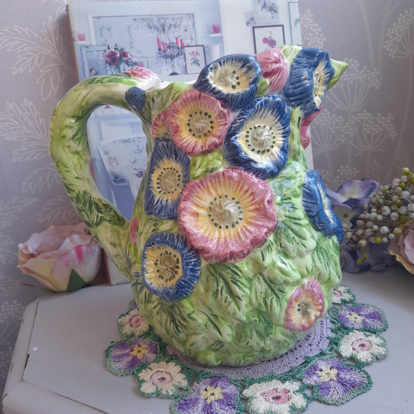 Majolica Handpainted Jug With Raised Relief Flowers in Pinks Blues & Greens 8 inches
