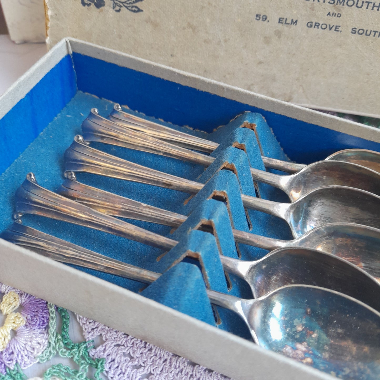 Darling Set of 6 Victorian Scroll Silver Teaspoons in Original GOOD LUCK Box