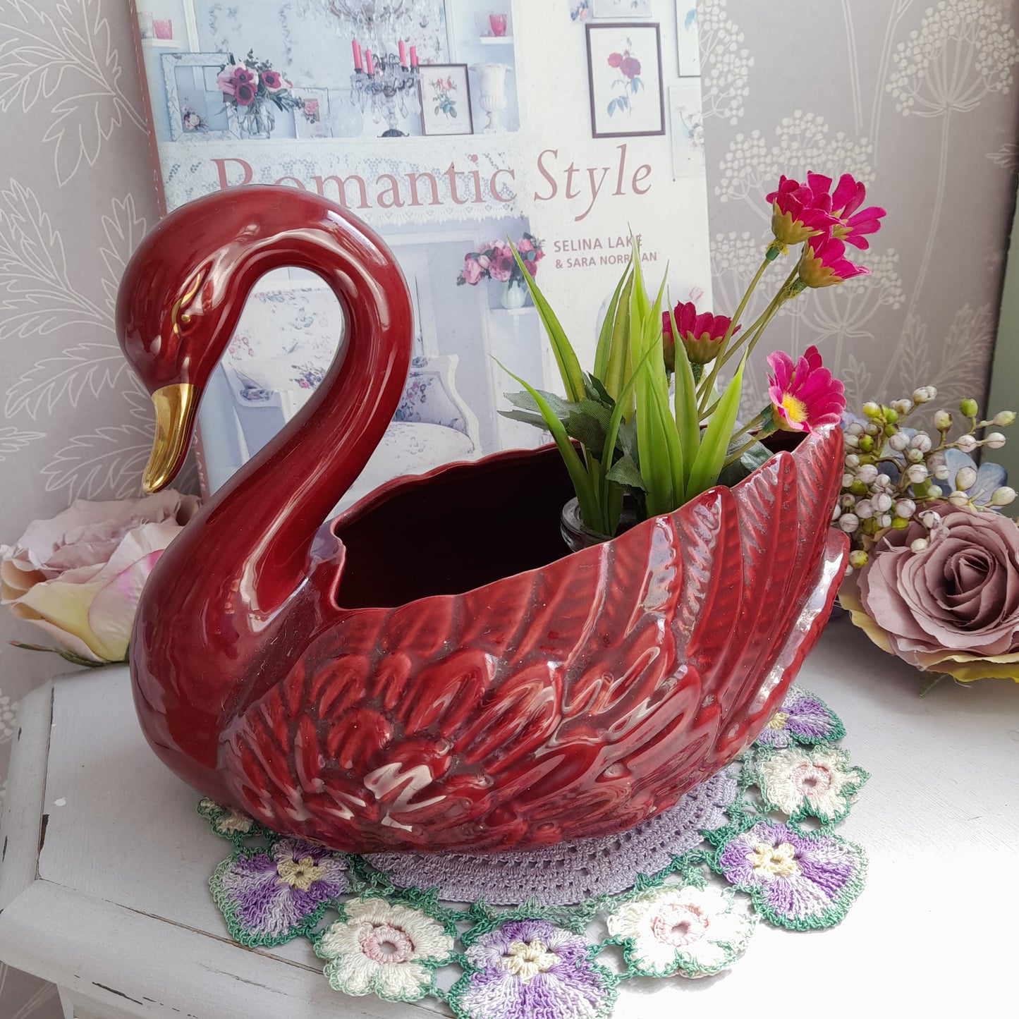Darling Vintage Deep Red Swan Planter Plant Pot Vase