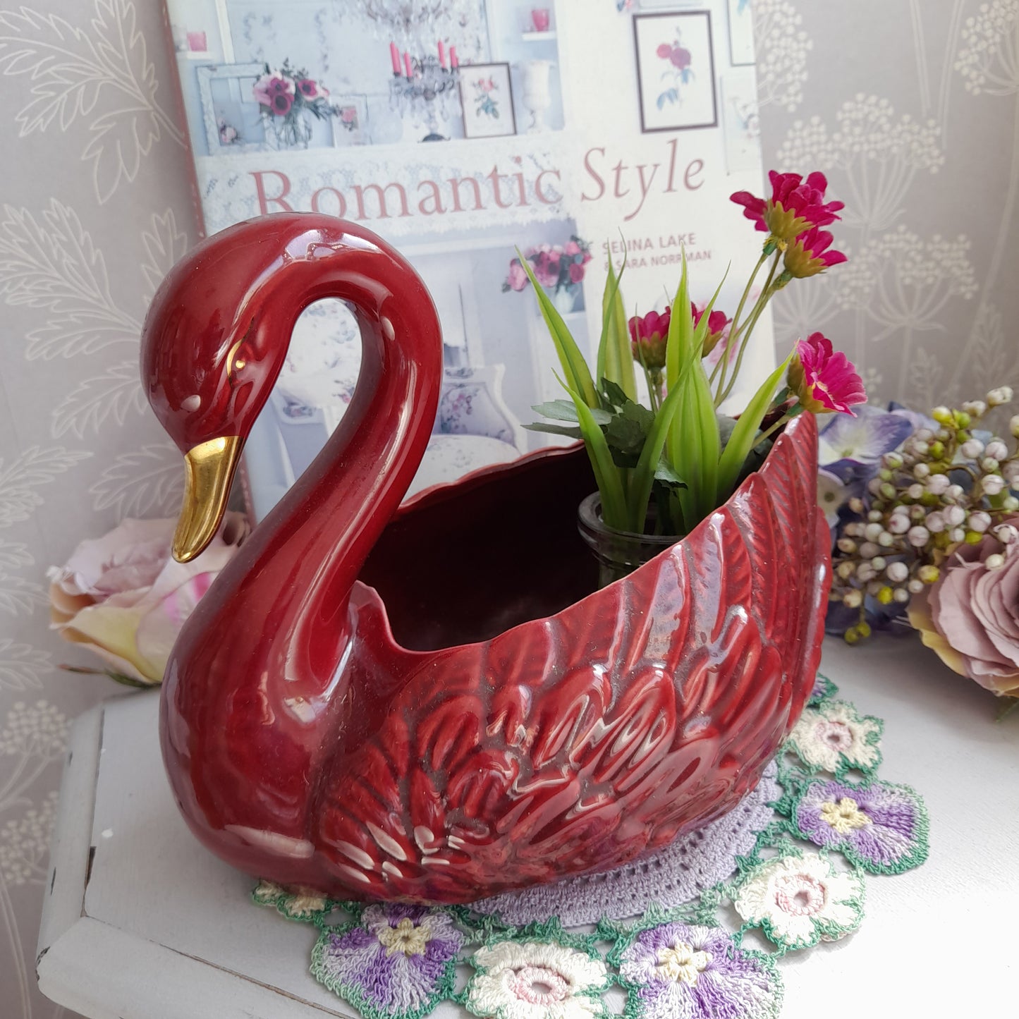 Darling Vintage Deep Red Swan Planter Plant Pot Vase