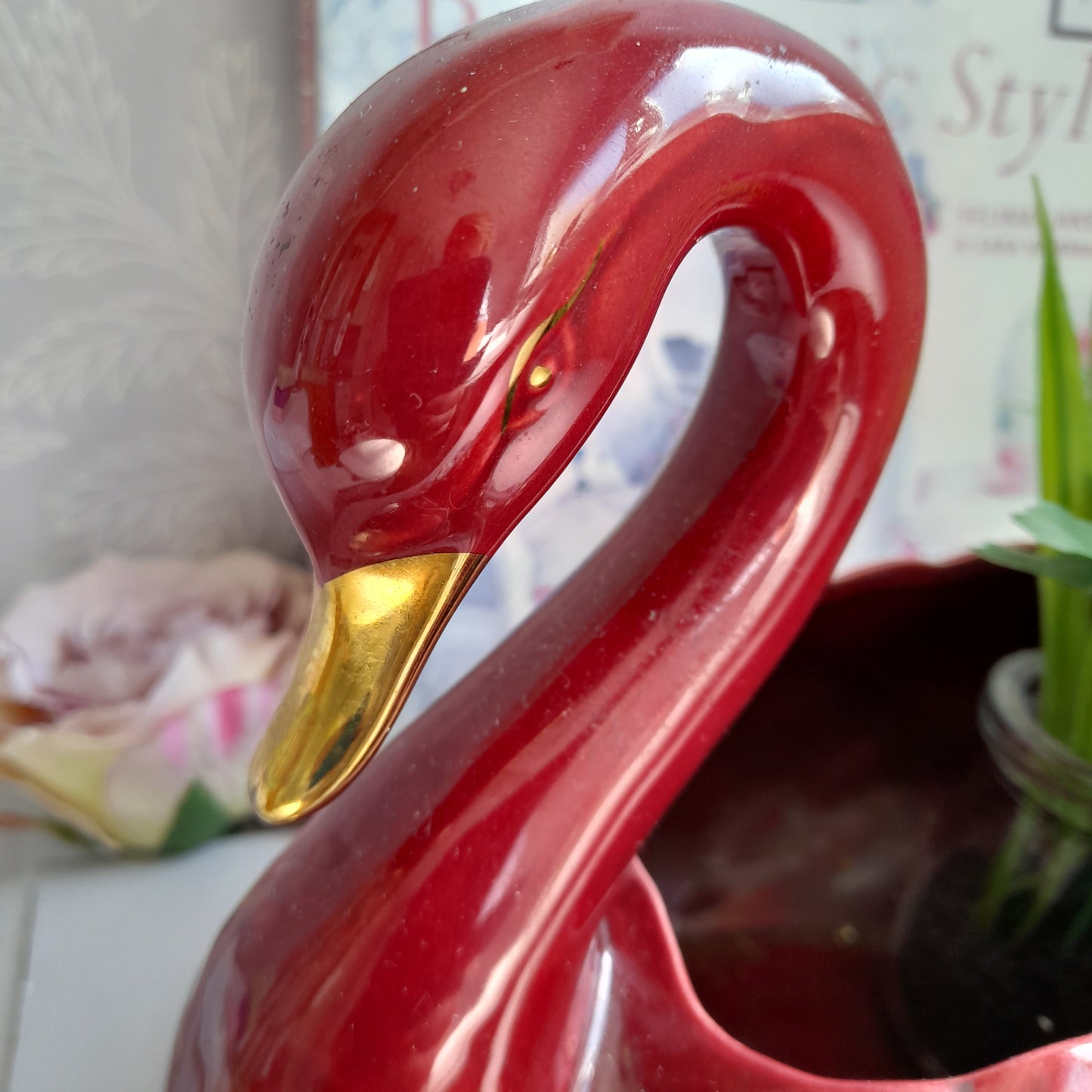Darling Vintage Deep Red Swan Planter Plant Pot Vase